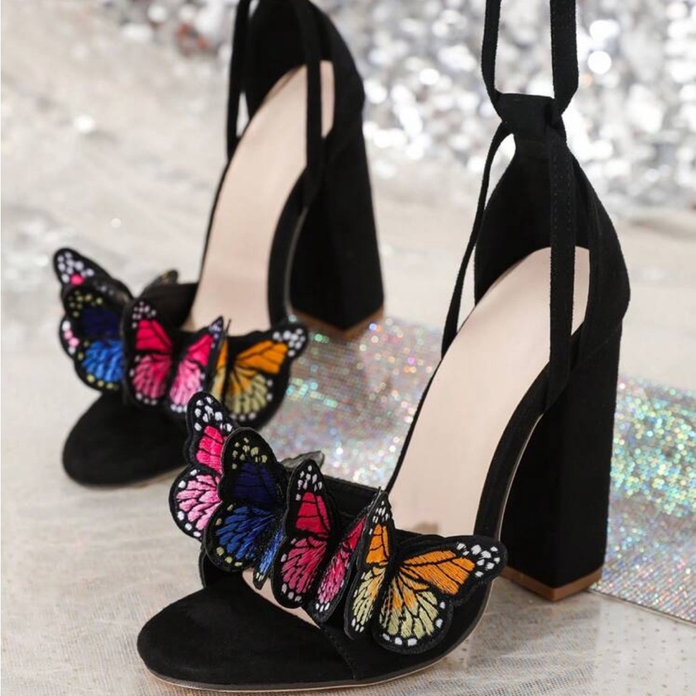 Black Suede Block Heel Sandals with Multicolor Butterfly Appliqués
